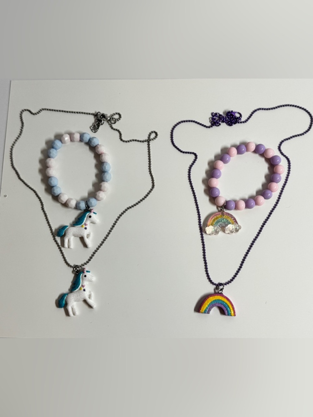 Pastel Unicorn & Rainbow Kids‎ Necklace and Bracelet Set - Pink, Purple, Blue